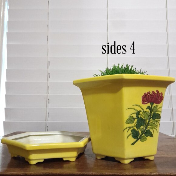 Vintage Yellow Floral Japanese Flower Pot w/Drip Tray 5.5"H - Picture 5 of 9